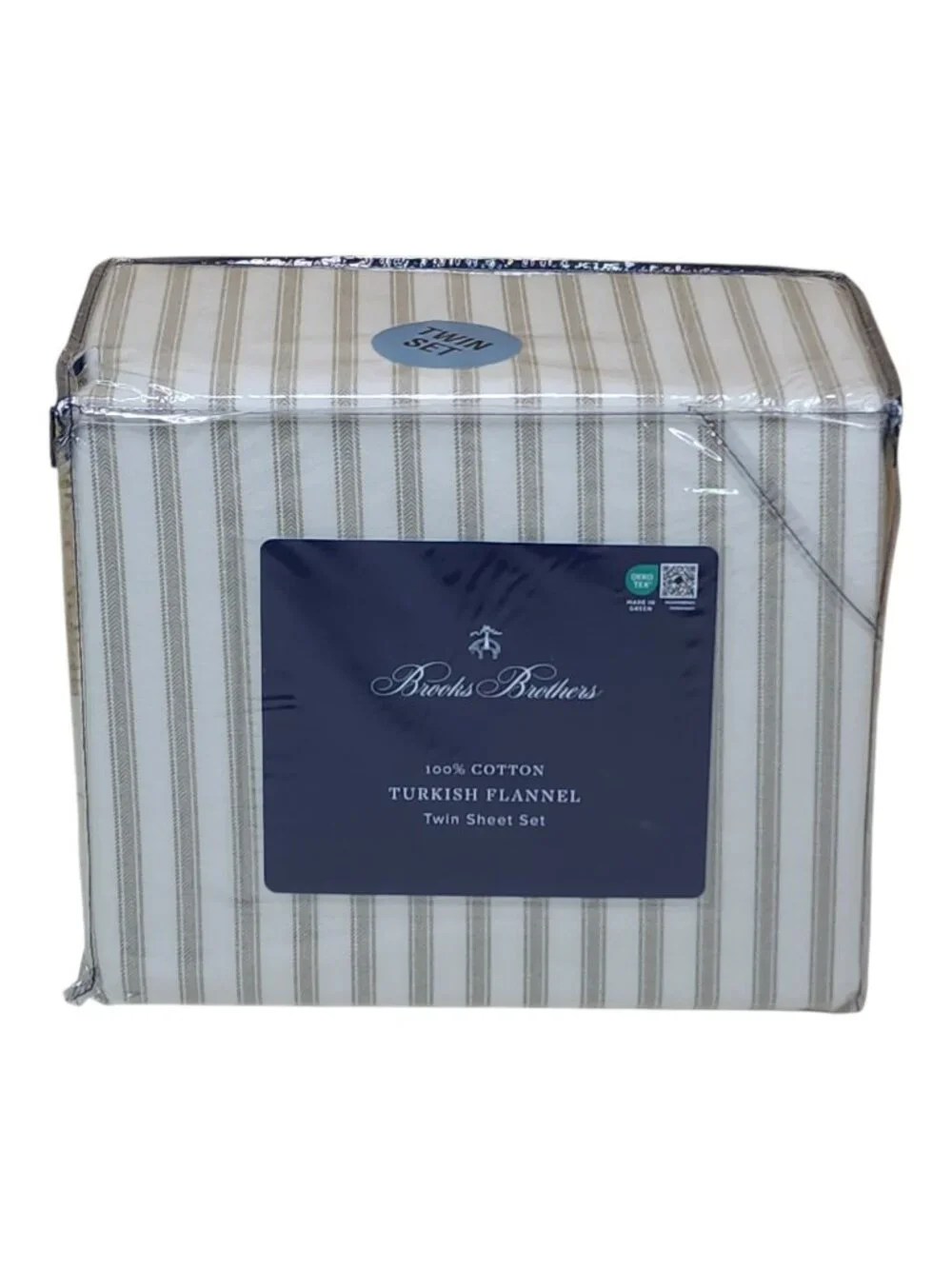 Brooks Brothers Turkish Flannel Twin Sheet Set 100% Cotton Striped Beige